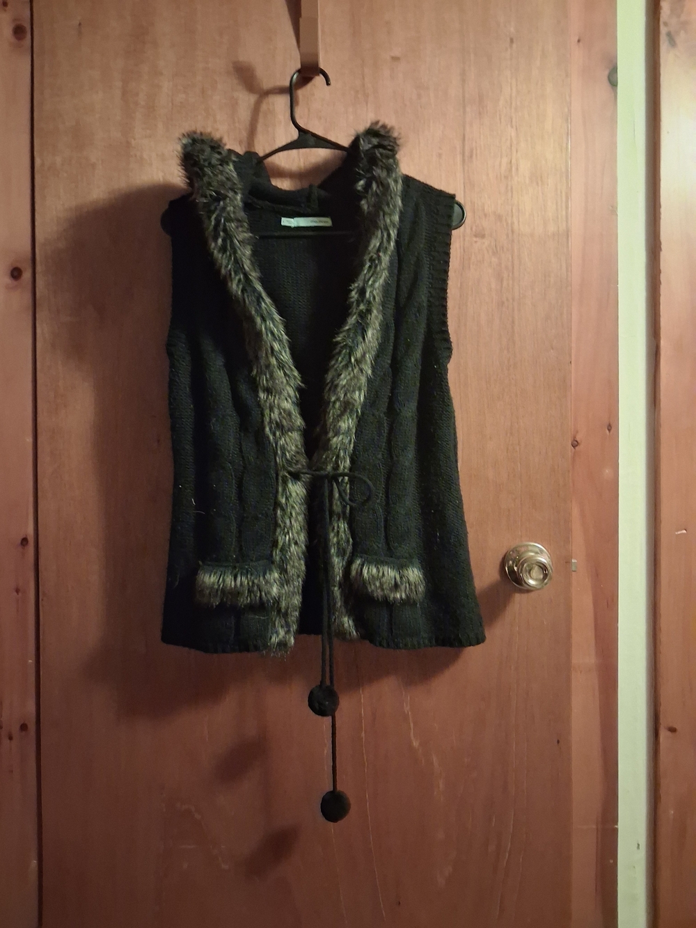 Maurices Black Knit Hooded Vest with Faux Fur Trim